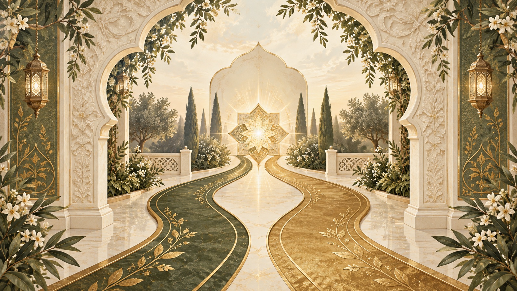 Ivory and gold arch framing a formal garden