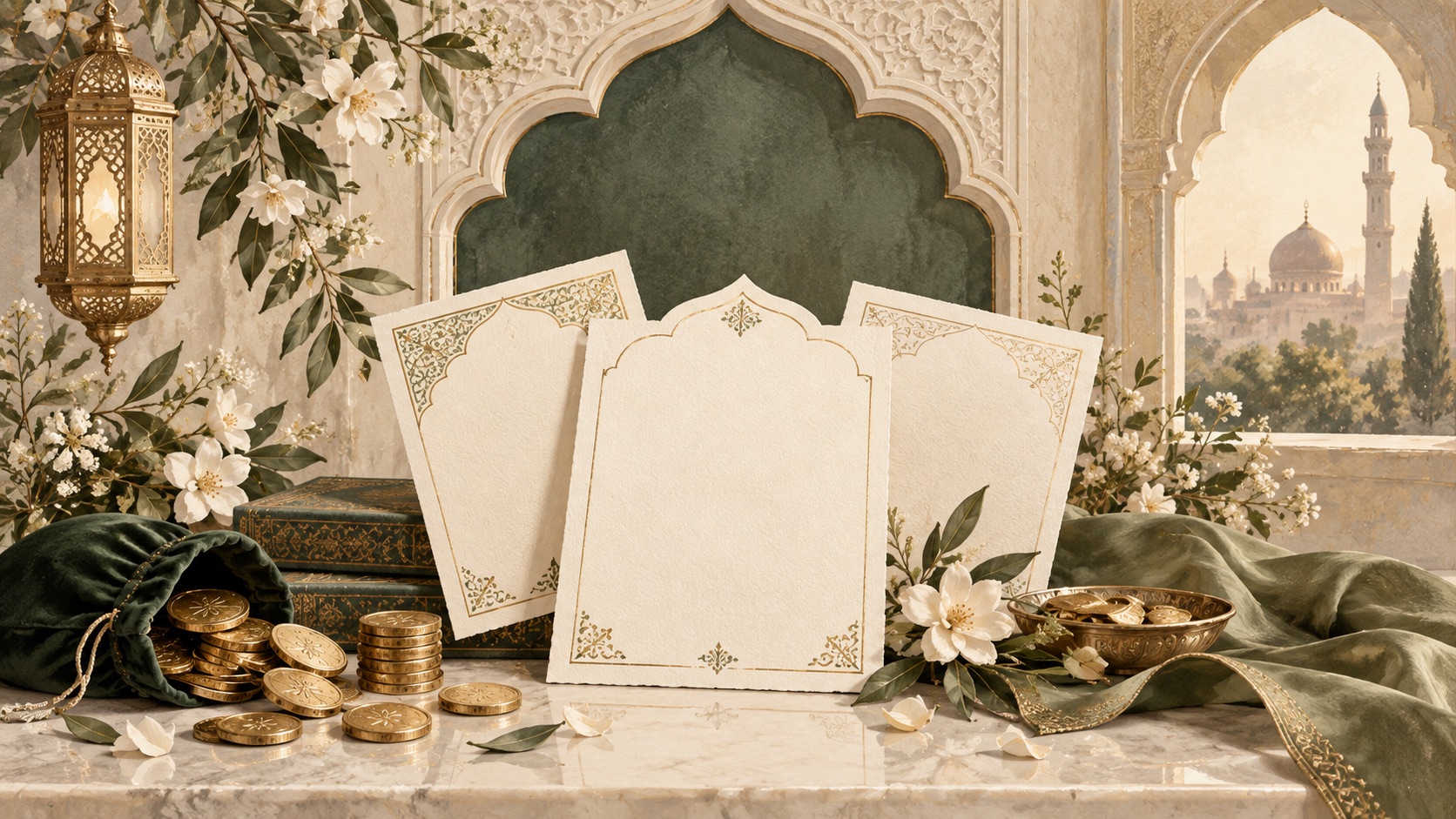 Layered blank invitation cards in an olive architectural setting