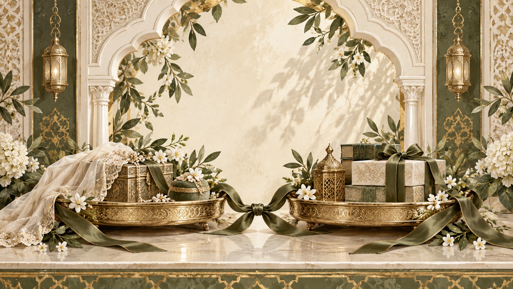 Ivory floral arch and antique gold lanterns