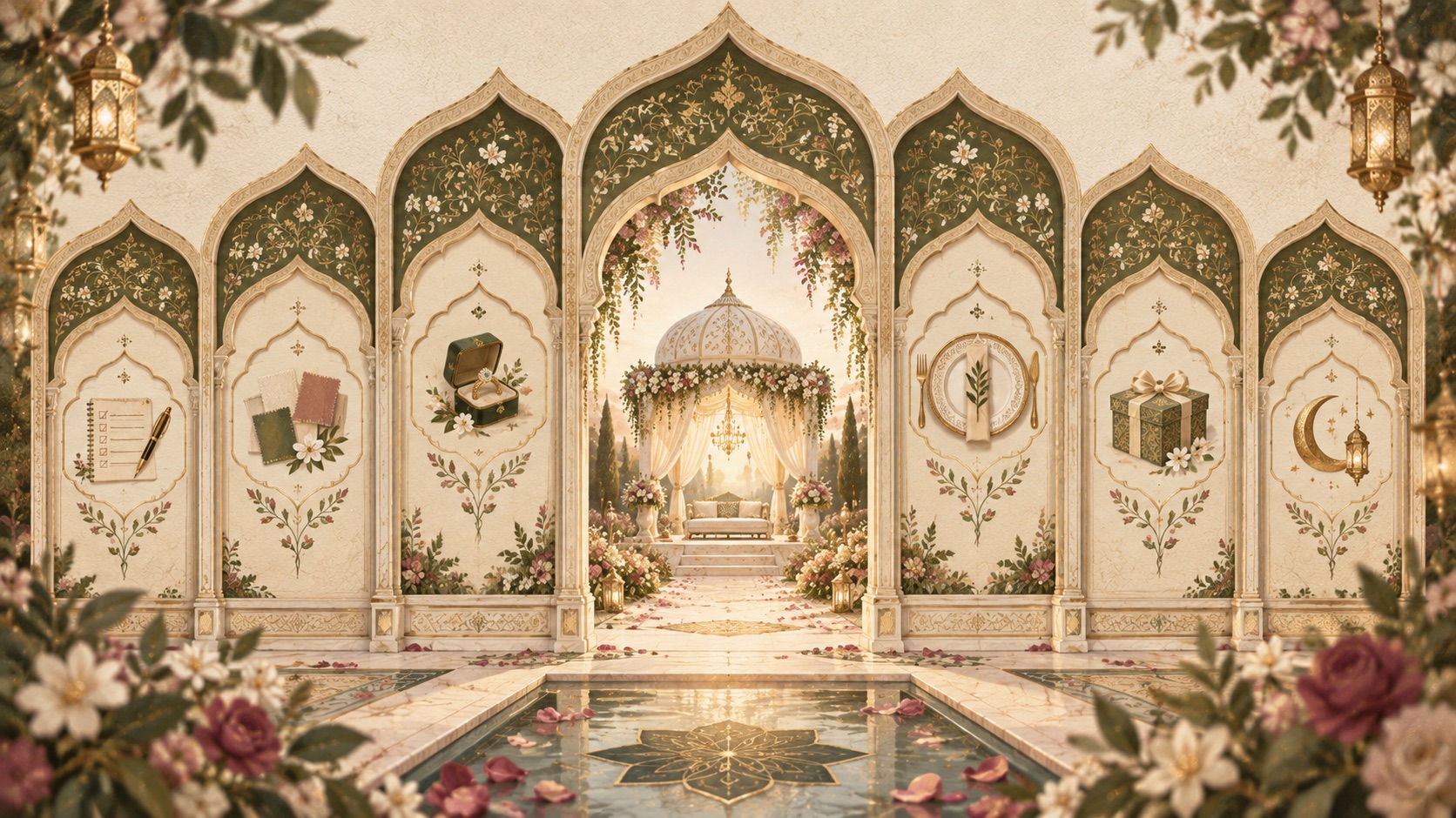 Formal ivory invitation scene with ornate carved arches