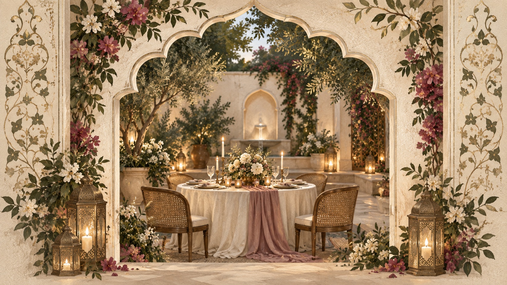 Floral arch framing an elegant reception setting