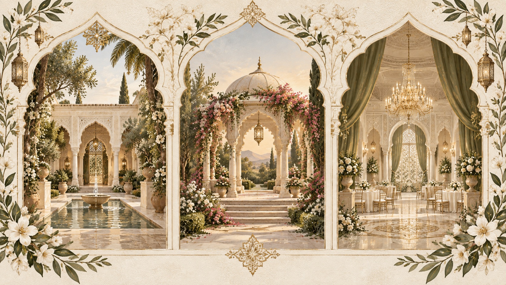 Three ornate invitation arches in ivory, olive and gold
