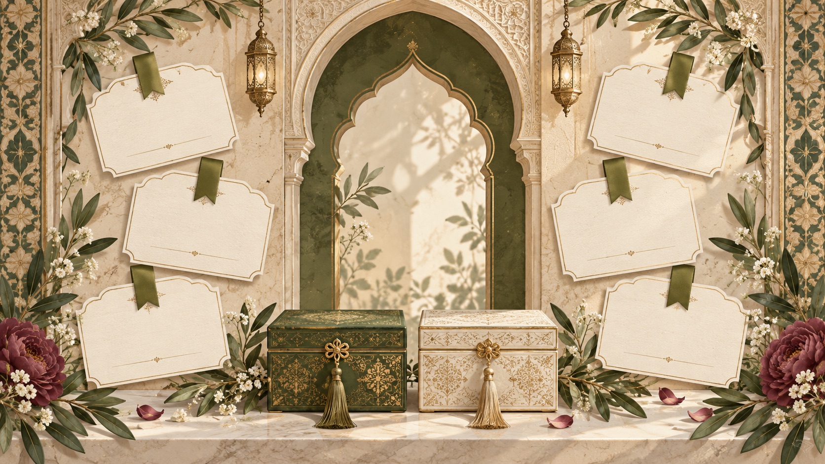 Blank invitation cards and olive foliage around a carved arch