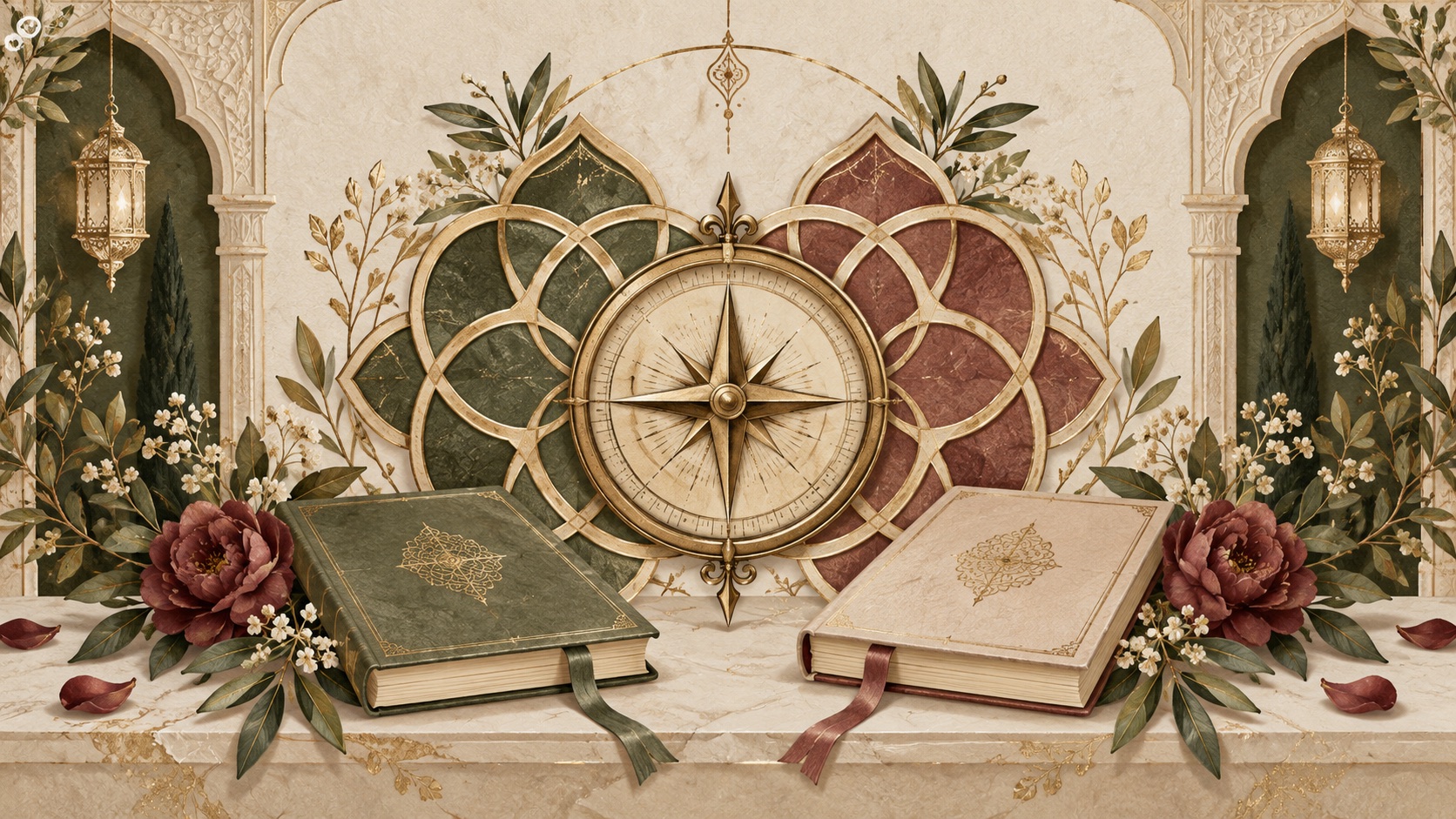 Antique compass and ivory stationery in a floral architectural setting