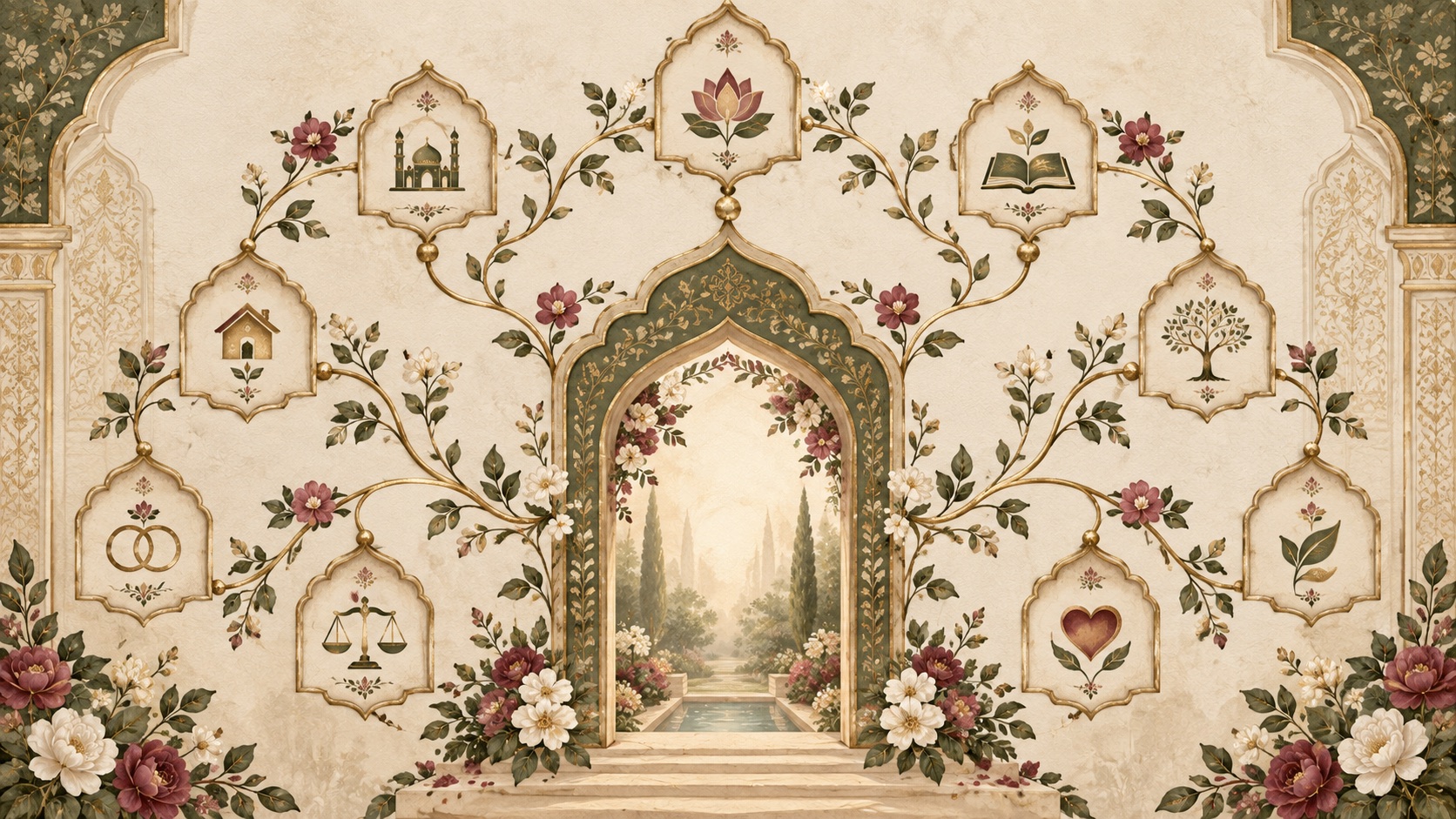 Ivory arch with restrained floral border artwork
