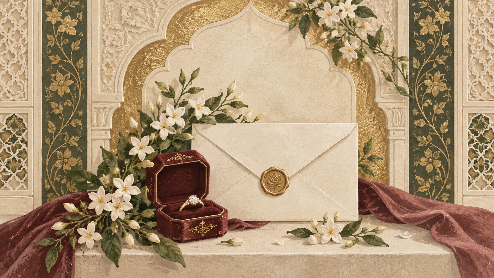 Ivory envelope and wax seal on champagne fabric