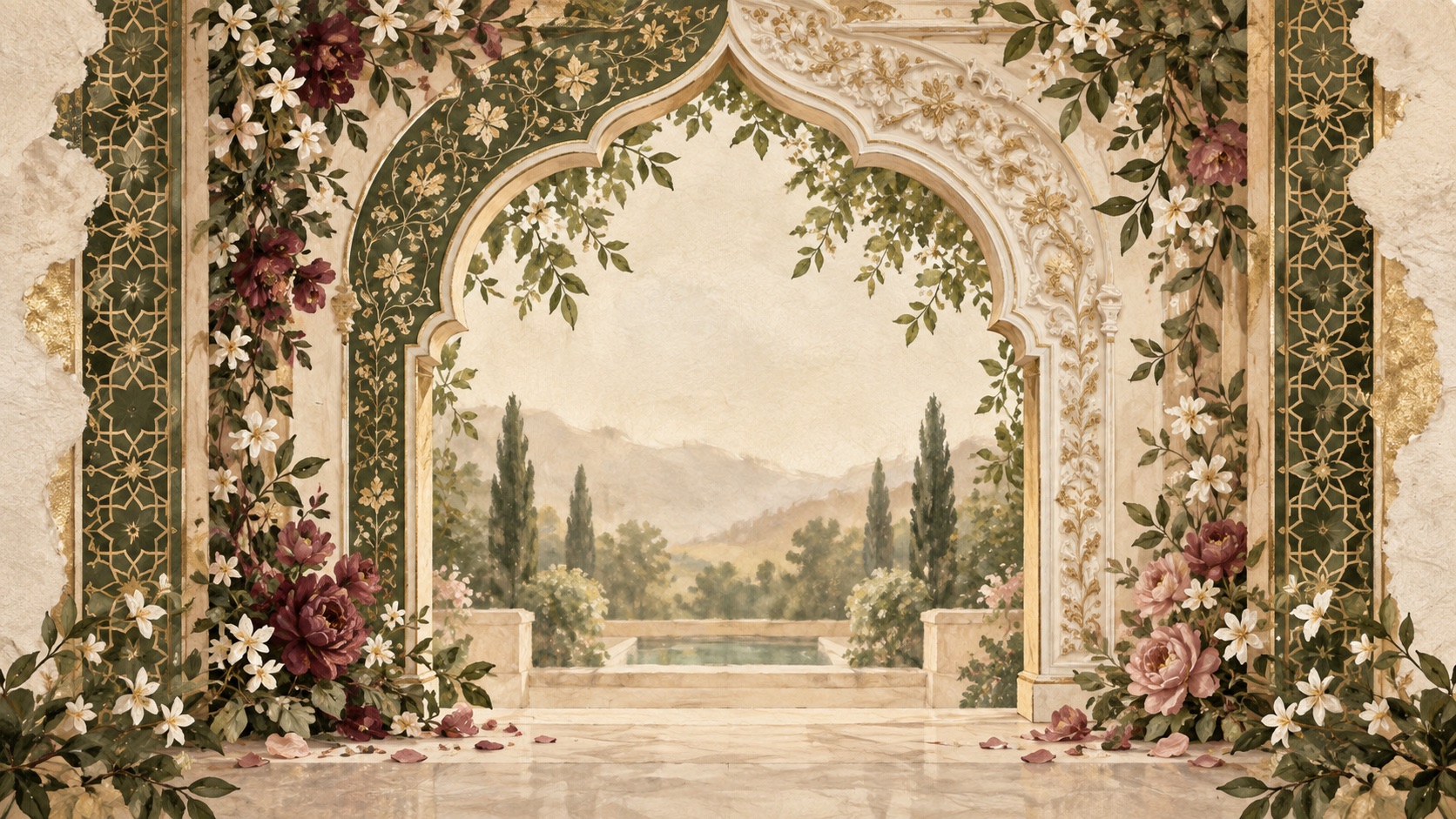 Carved arch opening onto a soft floral landscape