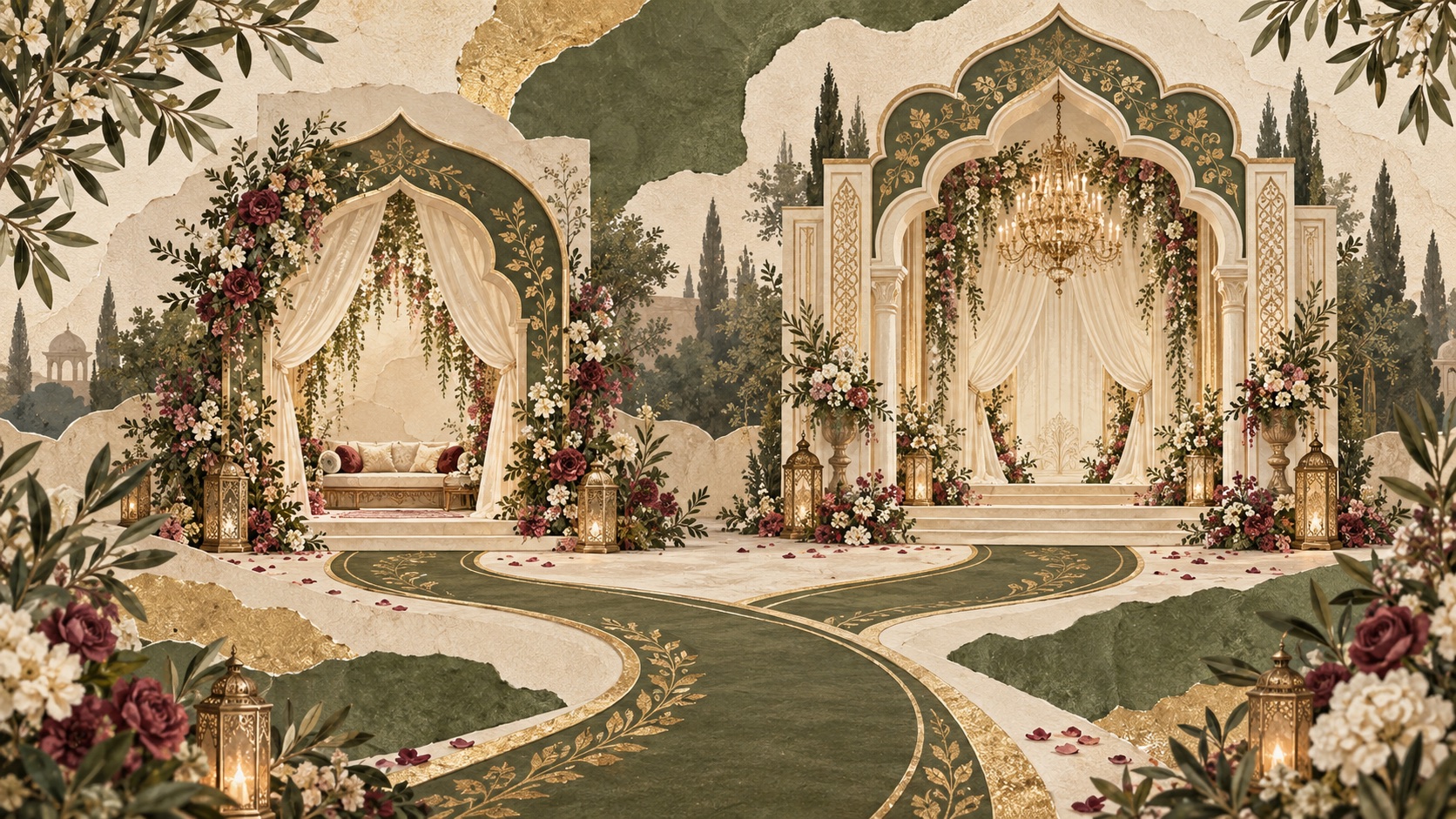 Formal garden pathways and ivory palace architecture