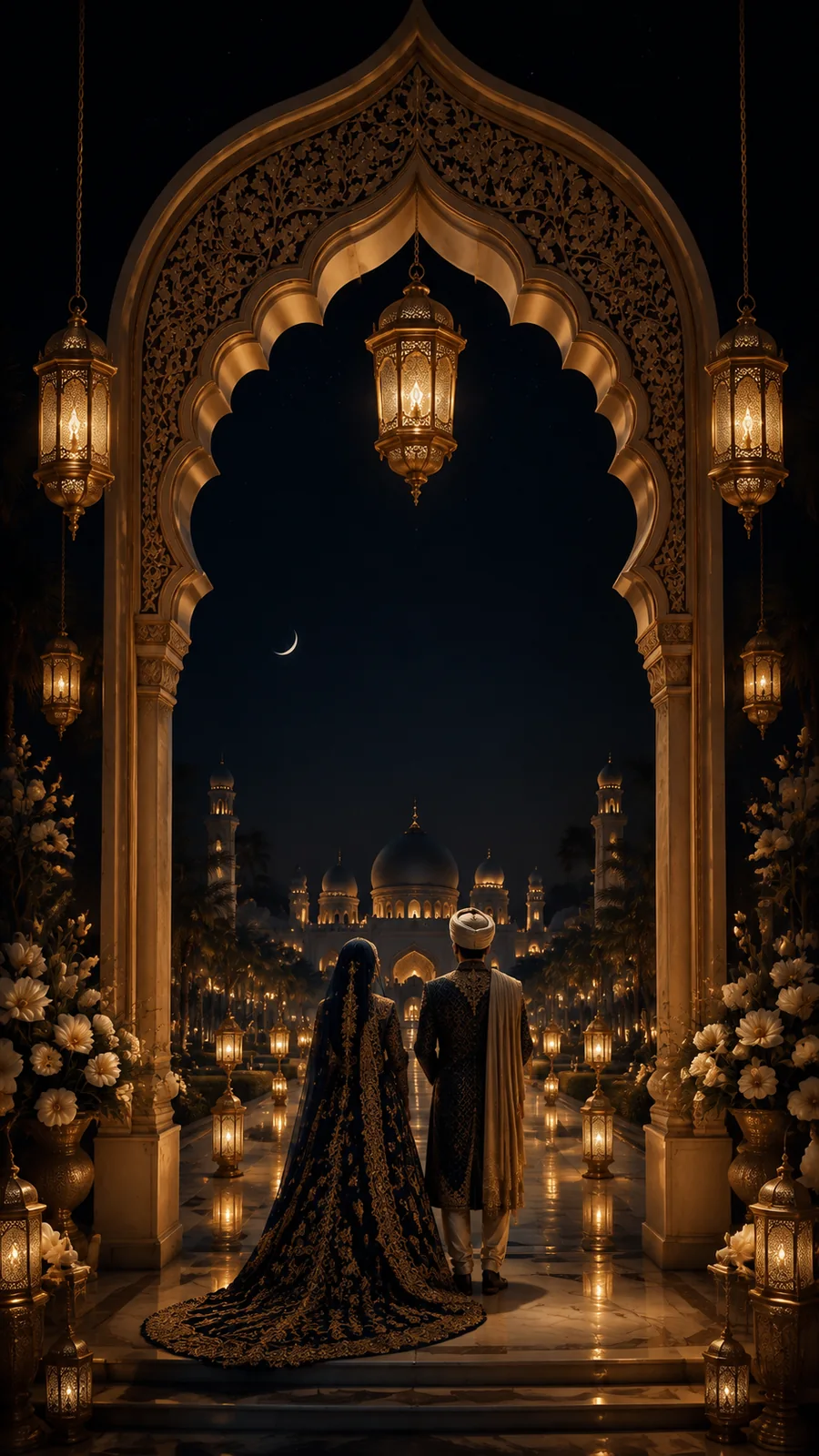 Couple in formal wedding attire beneath a golden arch
