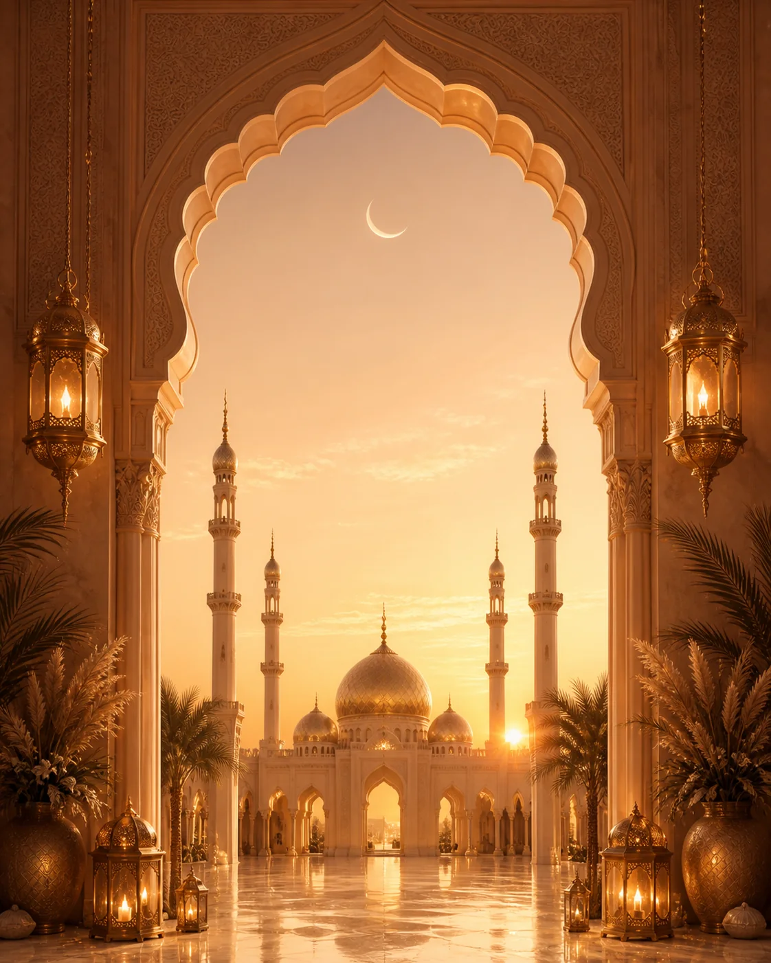 Golden sunset through an ornate arch with minarets