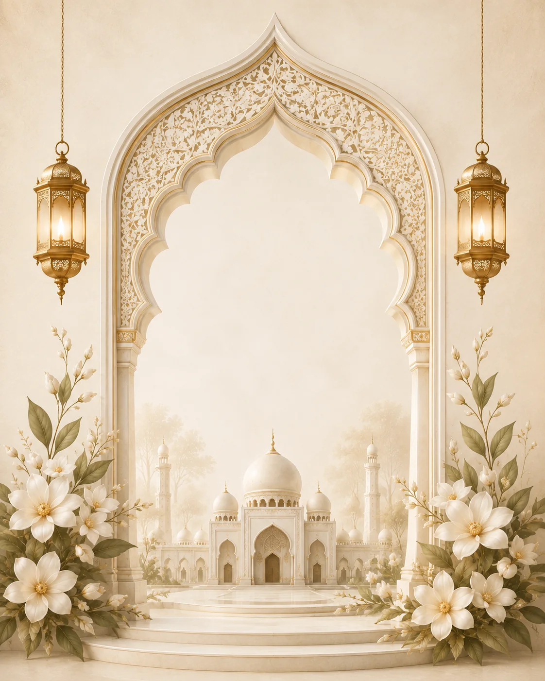 Elegant ivory Muslim wedding invitation with soft florals and architectural details