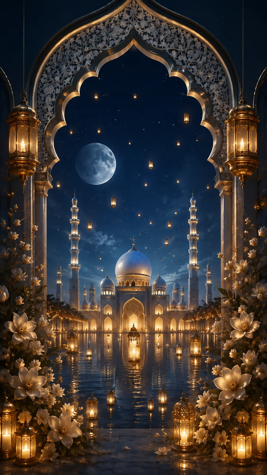 Blue moonlit minarets reflected among golden lanterns