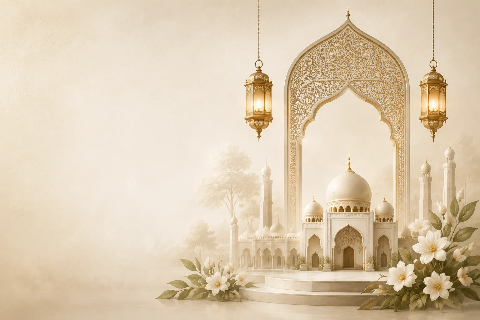 Ivory palace, floral arch and lanterns in a warm golden wedding scene
