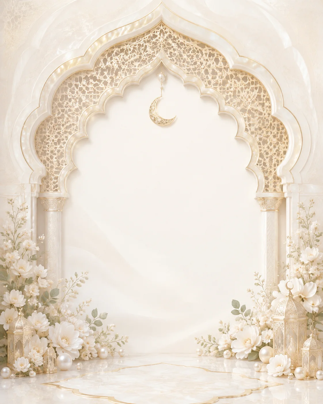 Pearl white floral arch with champagne gold details