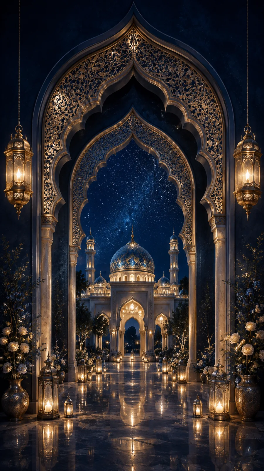 Layered sapphire and gold arches leading to an illuminated dome