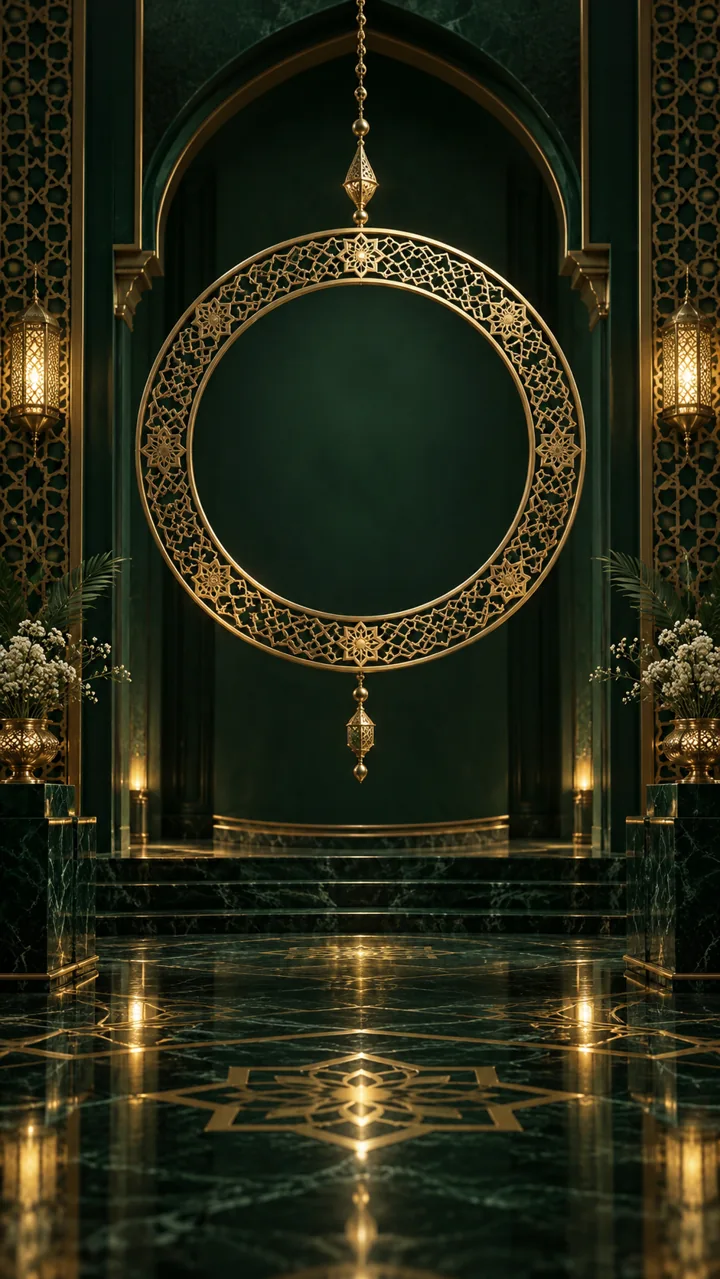Unlettered gold geometric ornament in a dark emerald architectural interior