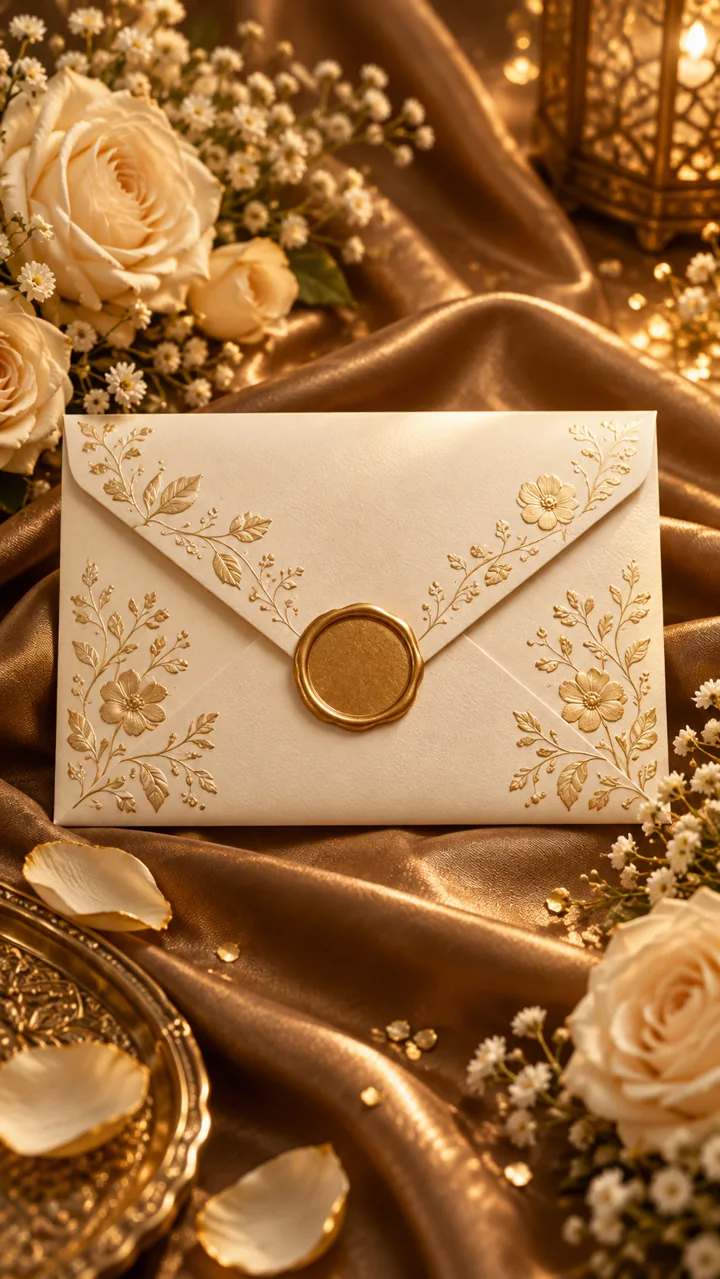 Gold floral envelope and champagne roses from the Golden Bloom invitation artwork